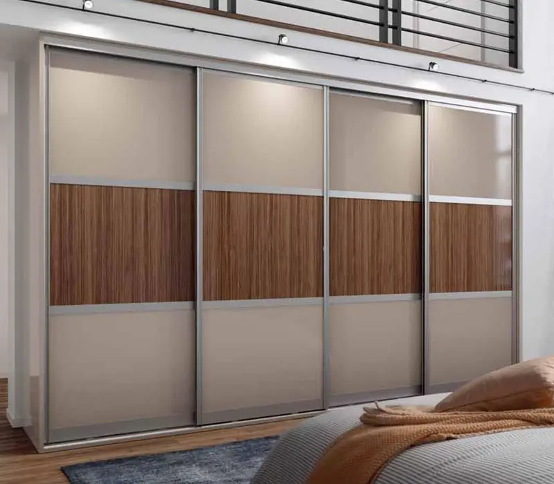 Sliding wardrobe visualisation with cappuccino gloss panels, a central walnut band and aluminium frame
