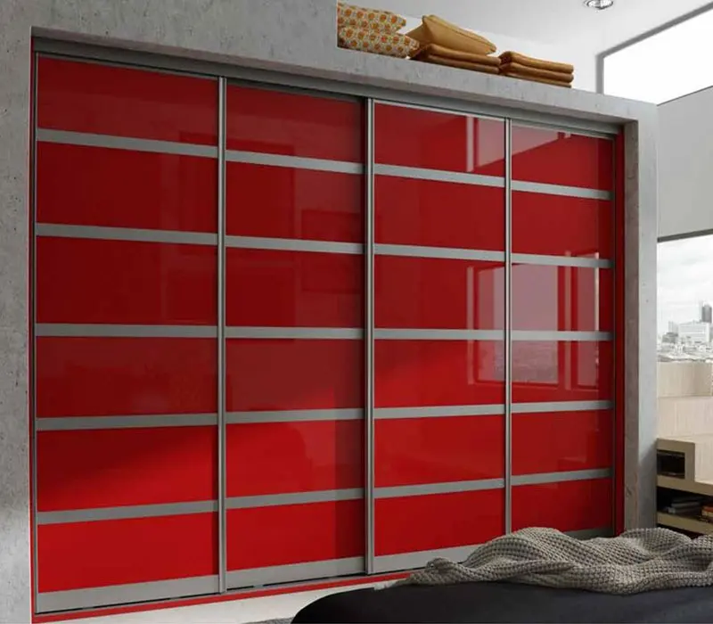 Sliding wardrobe visualisation with red gloss multi-panel doors in an aluminium frame