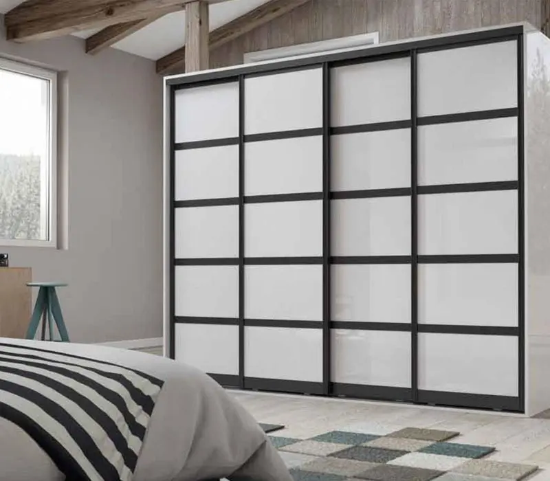 Sliding wardrobe visualisation with white five-panel doors in a black frame